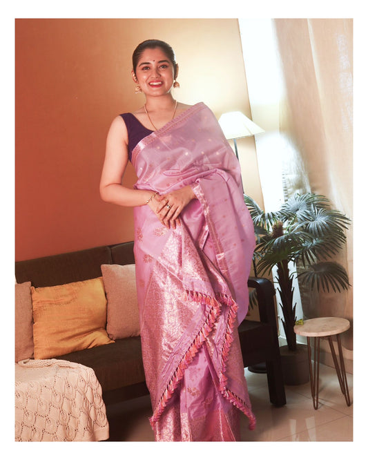 Lavender Pure Raw Silk Sador (Kesapaat) and Pure Mulberry Silk (Paat) Mekhela and Blouse - Tathal Clothing