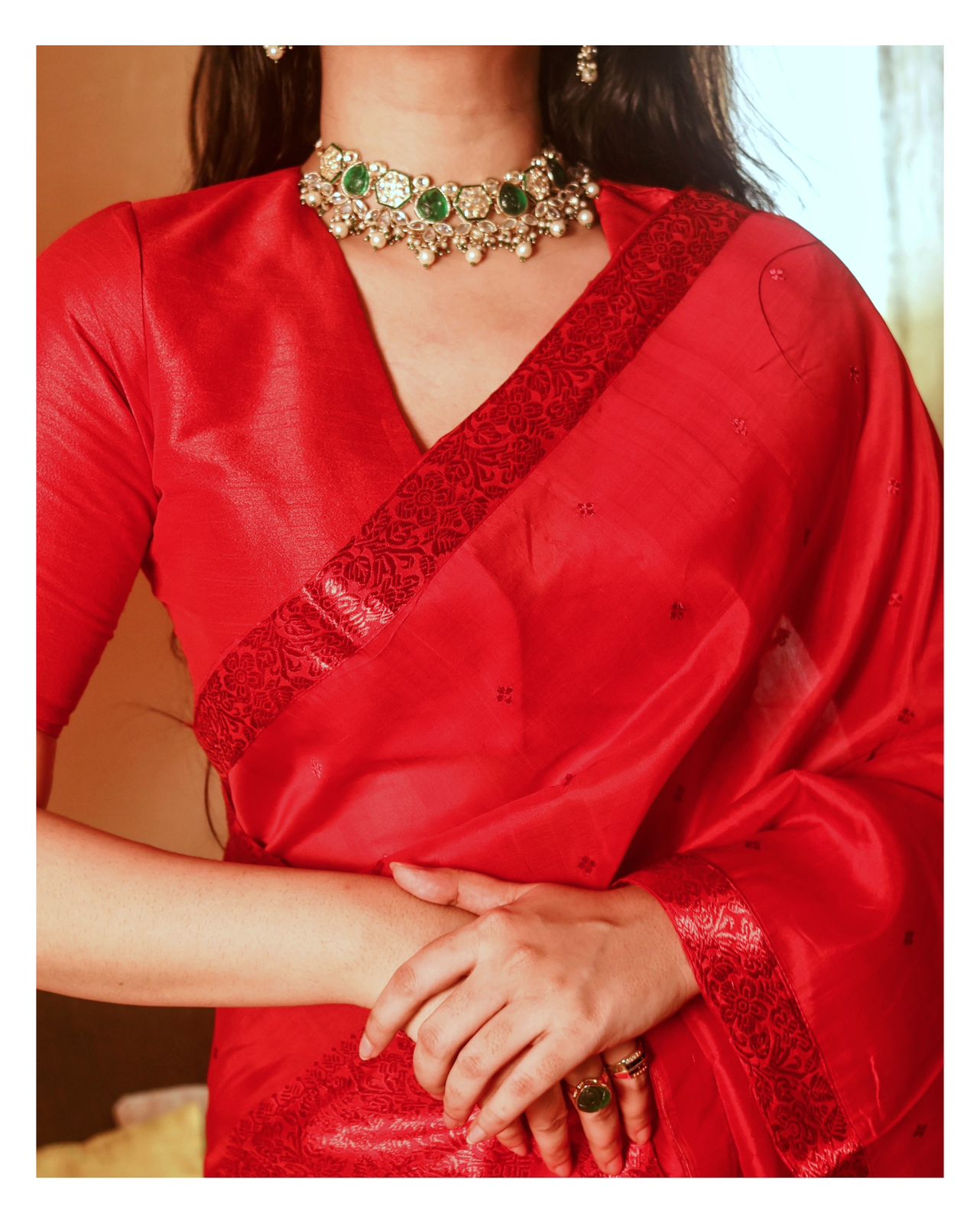 Red with Red Guna Pure Raw Silk Sador and Mulberry Silk Mekhela with Blouse - Tathal Clothing