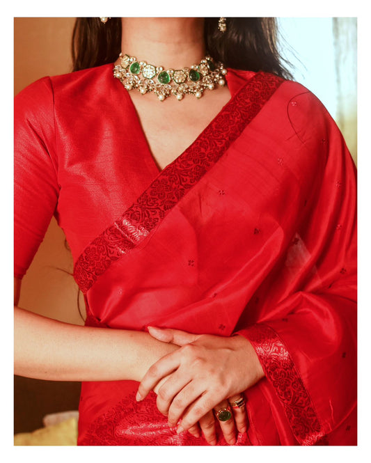 Red with Red Guna Pure Raw Silk Sador and Mulberry Silk Mekhela with Blouse - Tathal Clothing