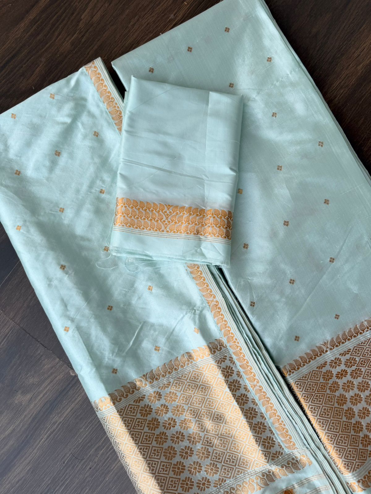 Mint Green Mulberry Silk Mekhela Sador with Golden Zari