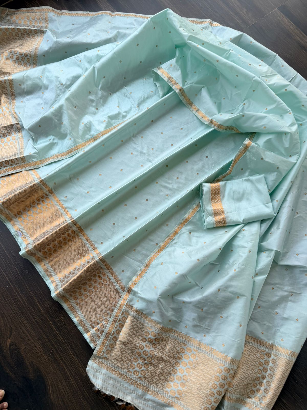 Mint Green Mulberry Silk Mekhela Sador with Golden Zari