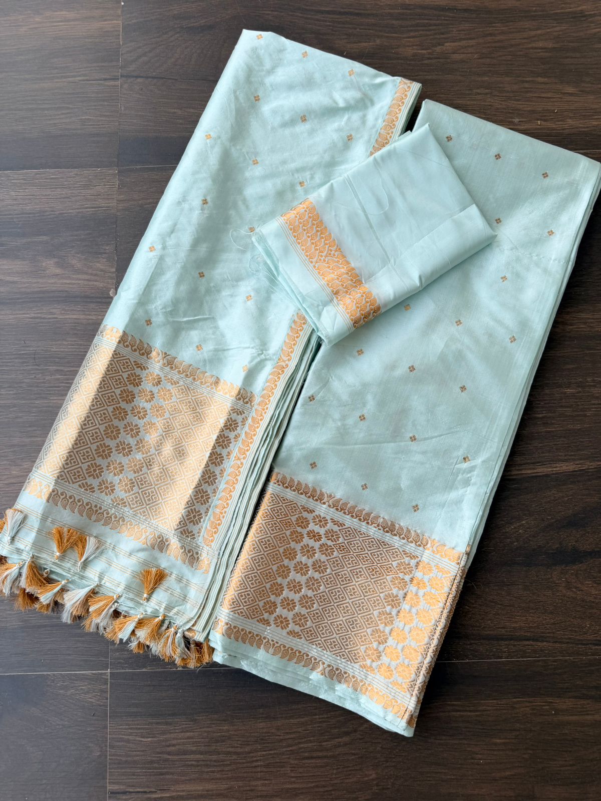 Mint Green Mulberry Silk Mekhela Sador with Golden Zari