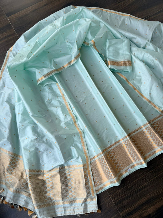 Mint Green Mulberry Silk Mekhela Sador with Golden Zari