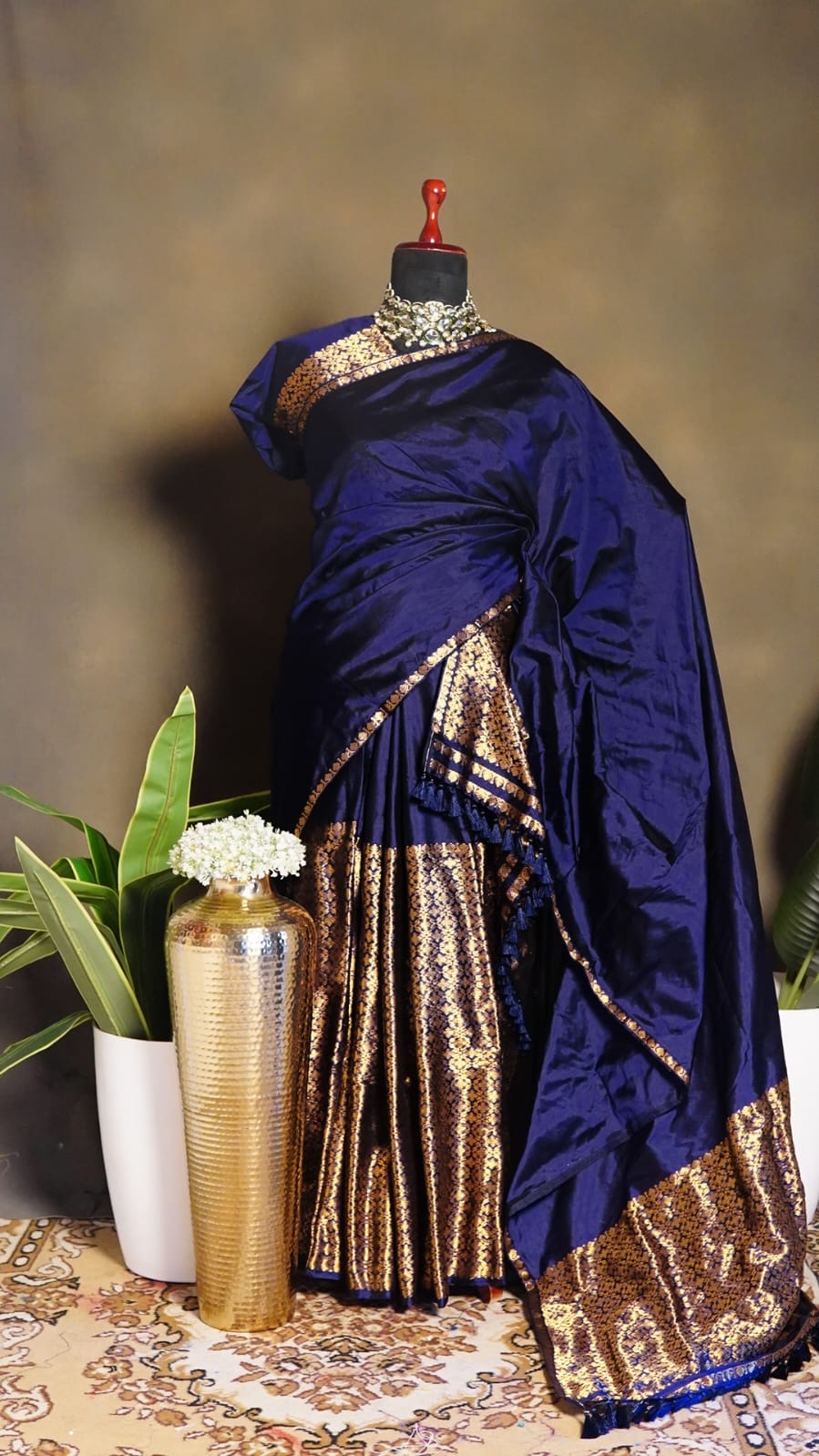 Navy Blue Pure Mulberry Silk (Paat) and Mulberry Silk (Pure Paat) Mekhela Sador- Tathal Clothing