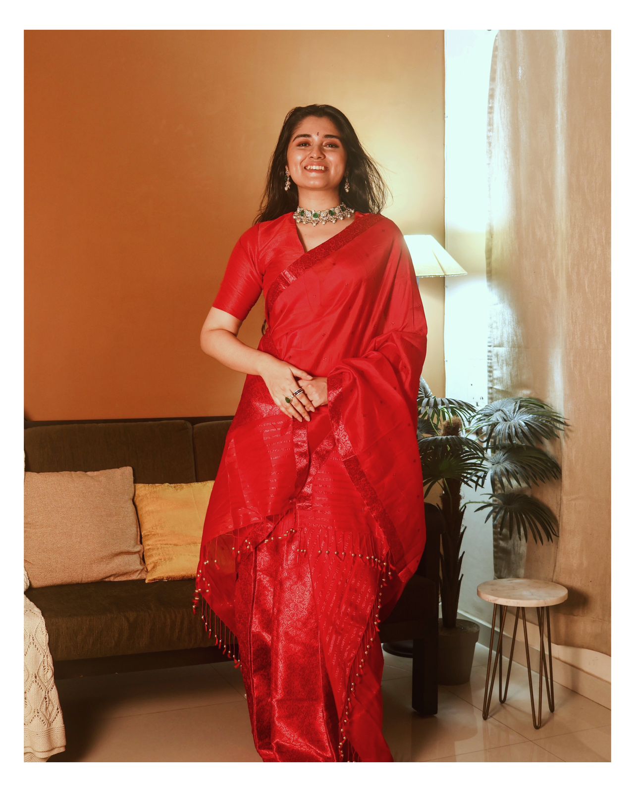 Red with Red Guna Pure Raw Silk Sador and Mulberry Silk Mekhela with Blouse - Tathal Clothing