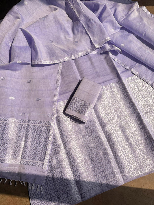 Lavender Kesapaat Cotton Mekhela Sador with White Thread Work Design – Tathal Clothing