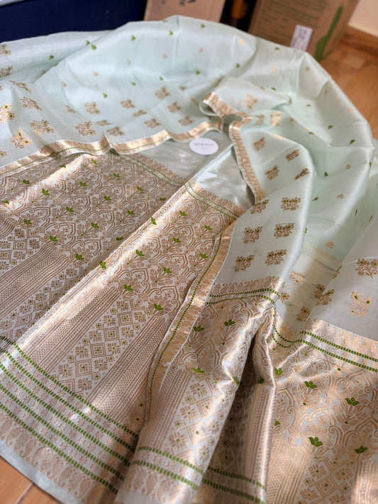 Mint Green Pure Raw Silk (Kesapaat) & Mulberry Silk Mekhela Sador with Blouse - Assamese Handloom Bridal Wear - TATHAL CLOTHING