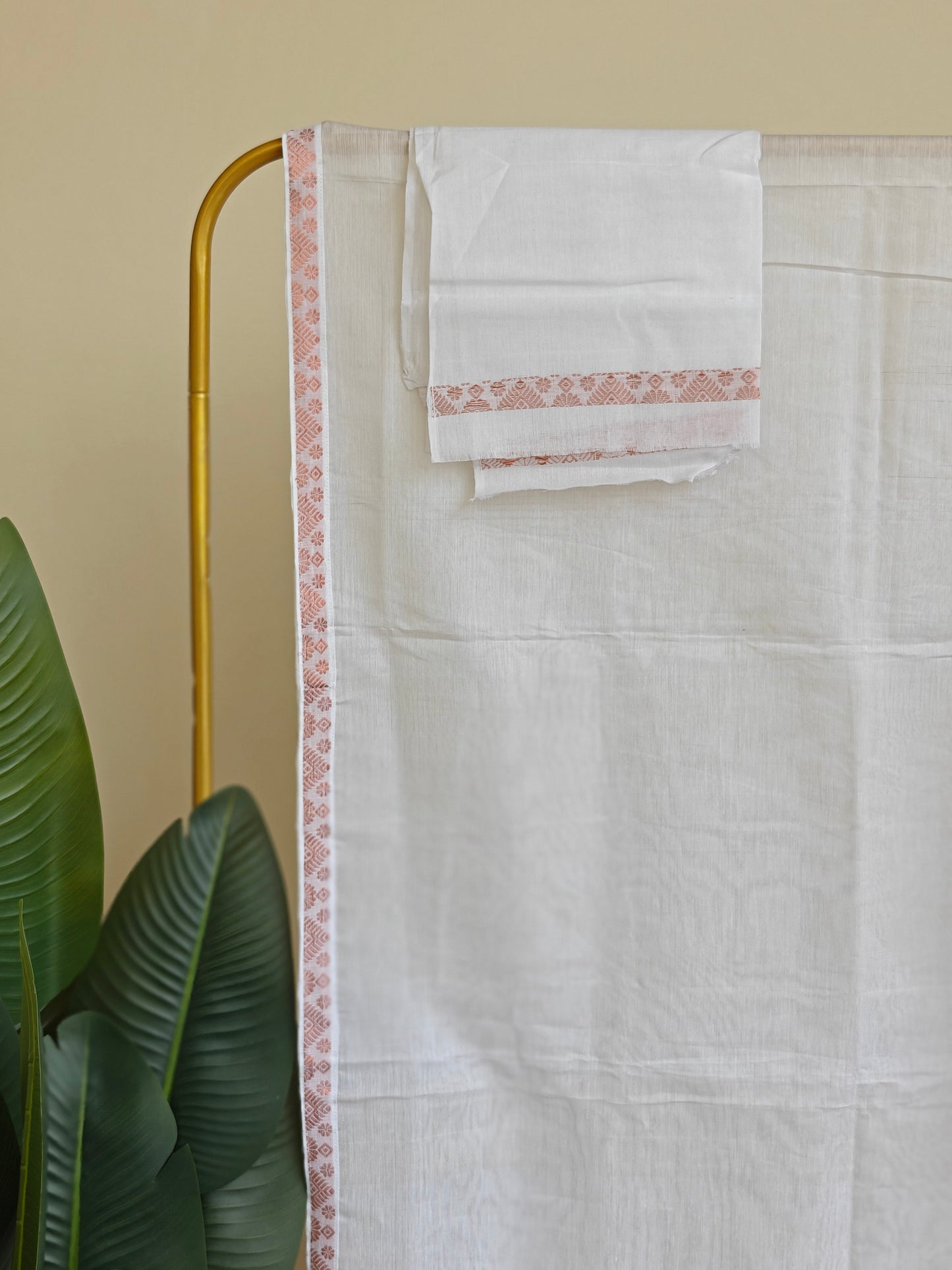 Nooni Cotton Mekhela Sador in White and Copper Guna ready to wear - Tathal Clothing