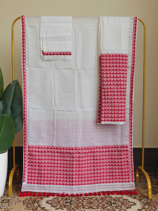 Nooni Cotton Mekhela Sador in White and Red design Ready to Wear - Tathal Clothing