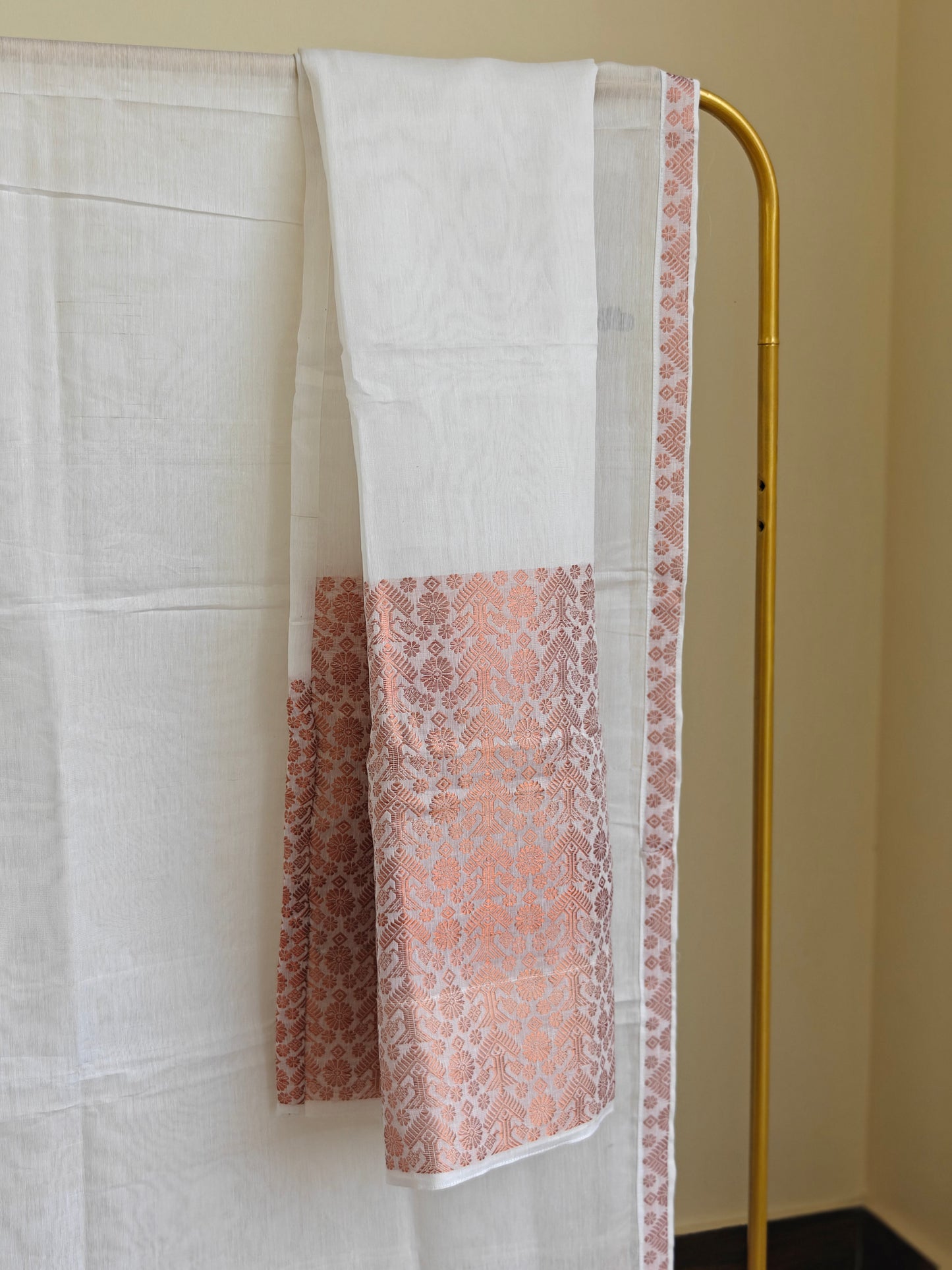 Nooni Cotton Mekhela Sador in White and Copper Guna ready to wear - Tathal Clothing