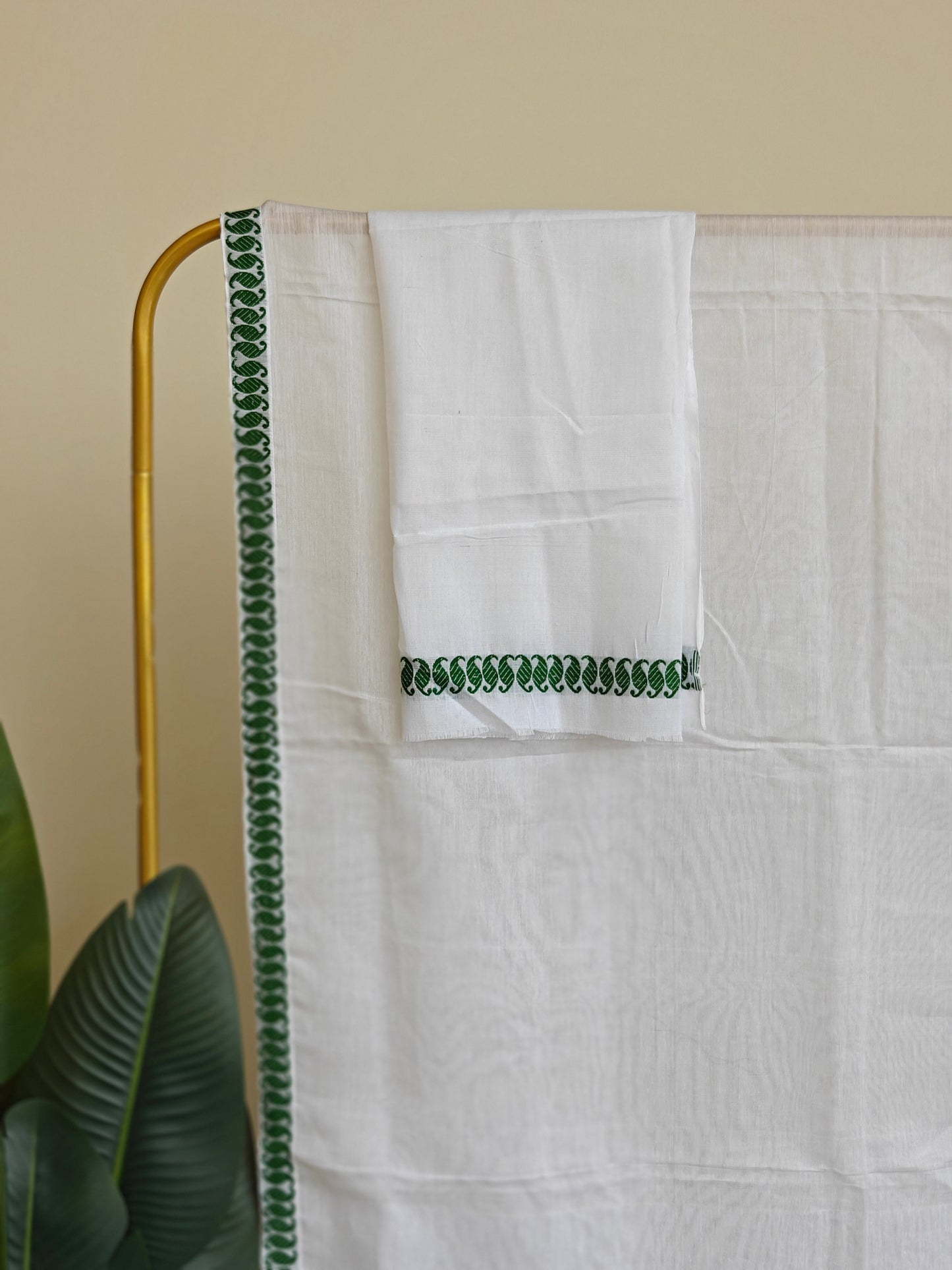 Nooni Cotton Mekhela Sador in White and Green Design Ready to Wear - Tathal Clothing
