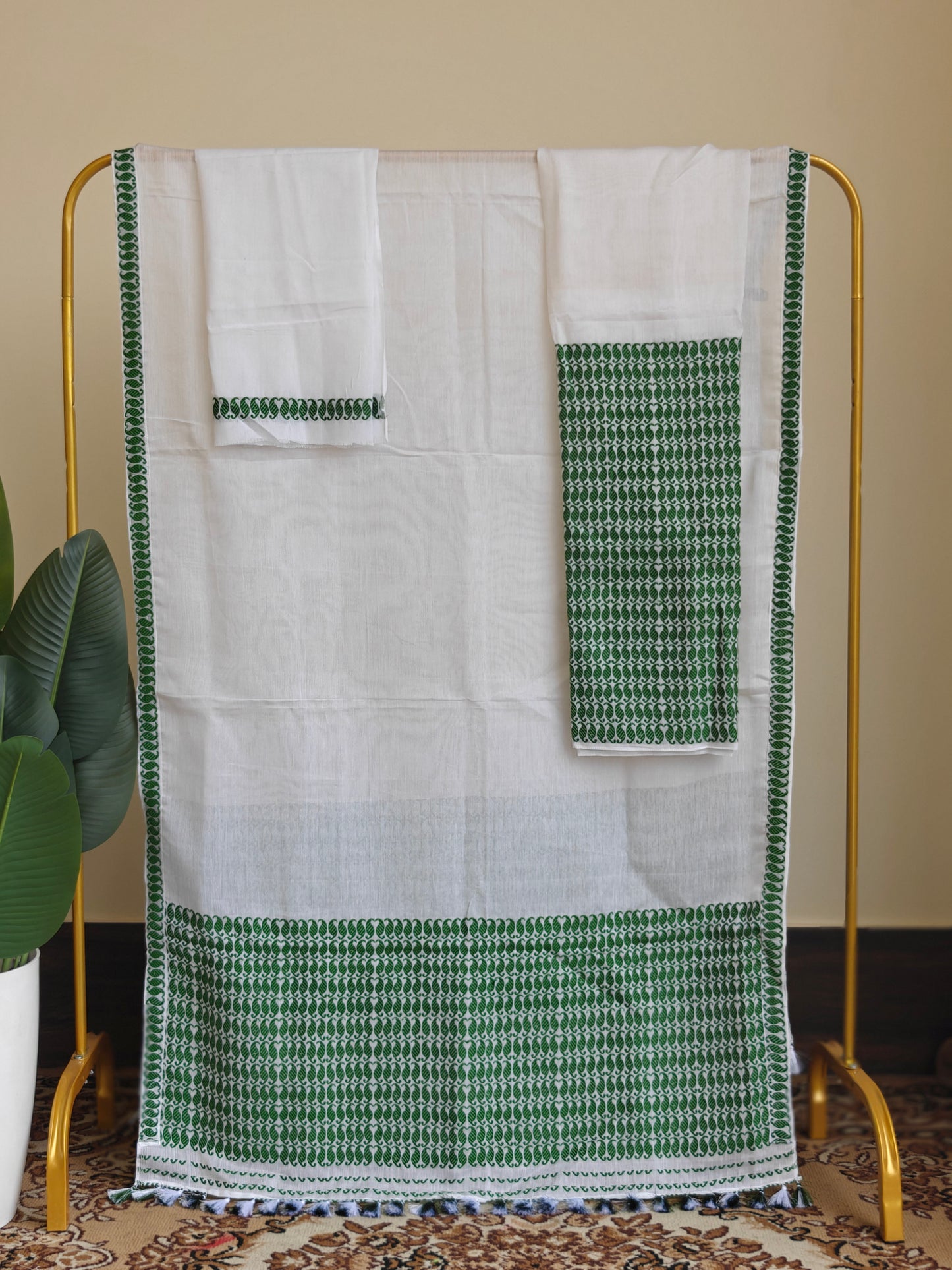 Nooni Cotton Mekhela Sador in White and Green Design Ready to Wear - Tathal Clothing
