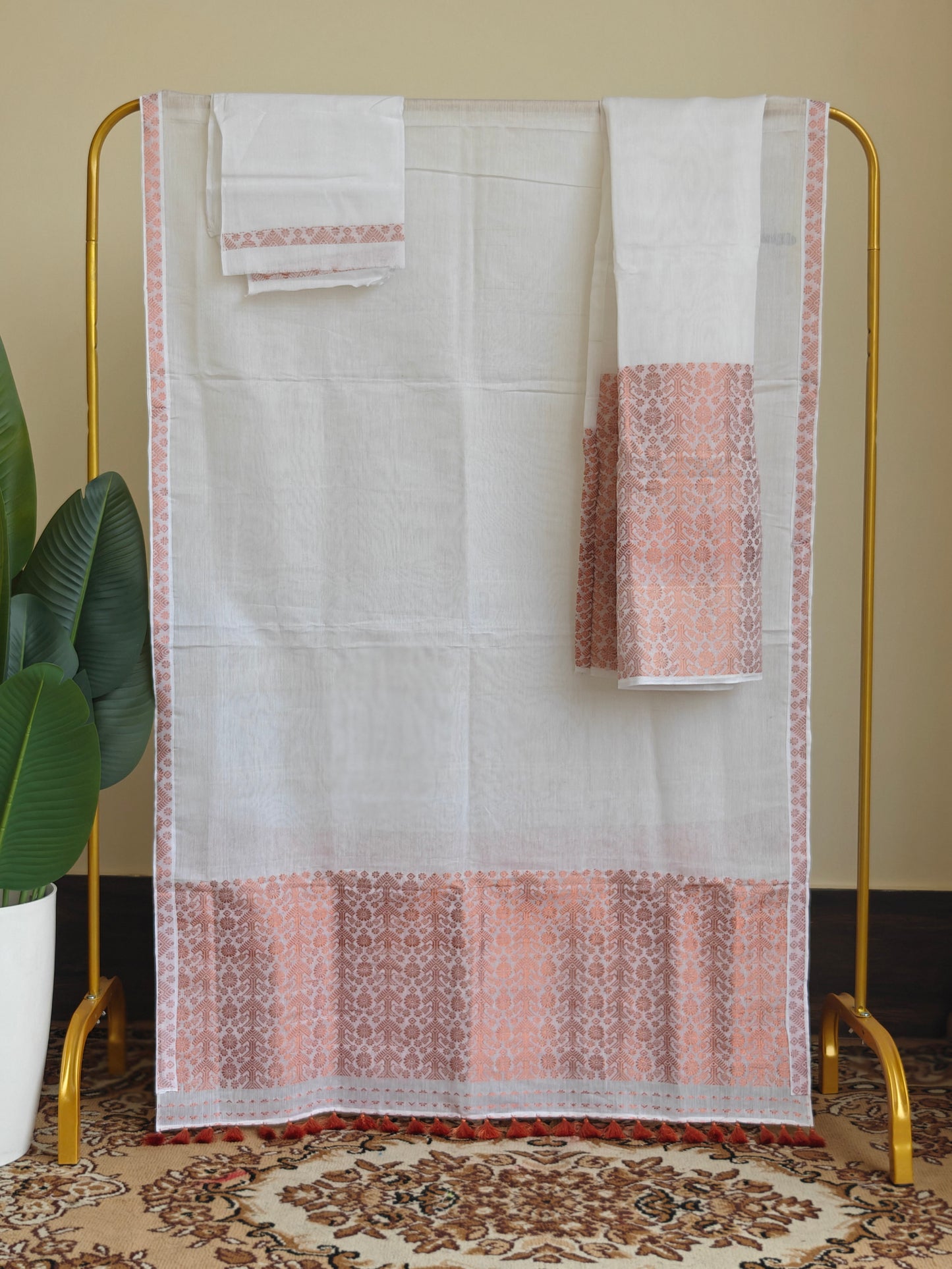 Nooni Cotton Mekhela Sador in White and Copper Guna ready to wear - Tathal Clothing