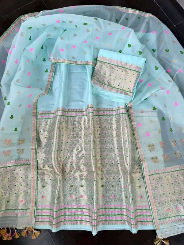 Sea Green Pure Raw Silk (Kesapaat) & Mulberry Silk Mekhela Sador with Blouse | Assamese Handloom Traditional Wear – Tathal Clothing