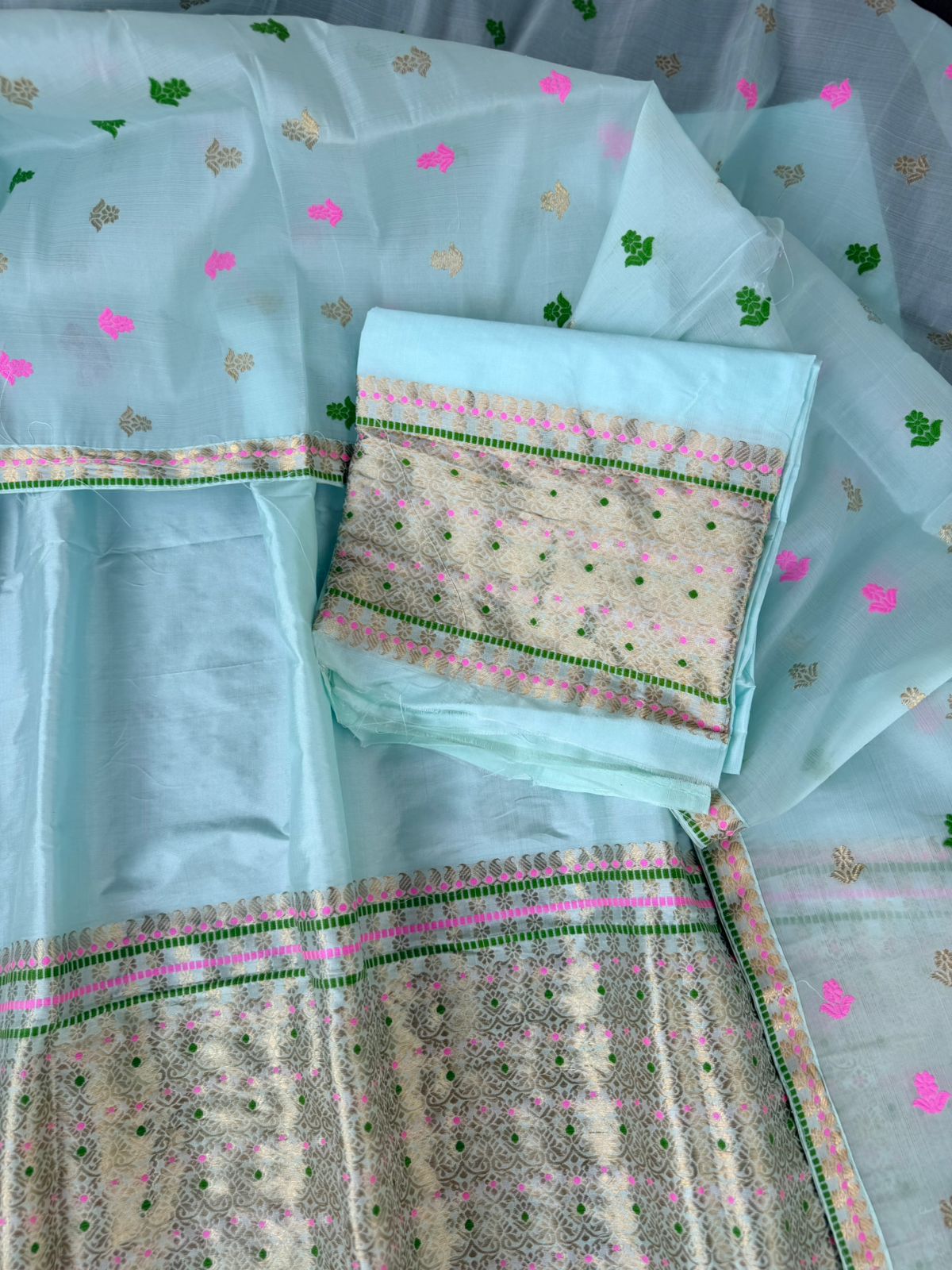 Sea Green Pure Raw Silk (Kesapaat) & Mulberry Silk Mekhela Sador with Blouse | Assamese Handloom Traditional Wear – Tathal Clothing