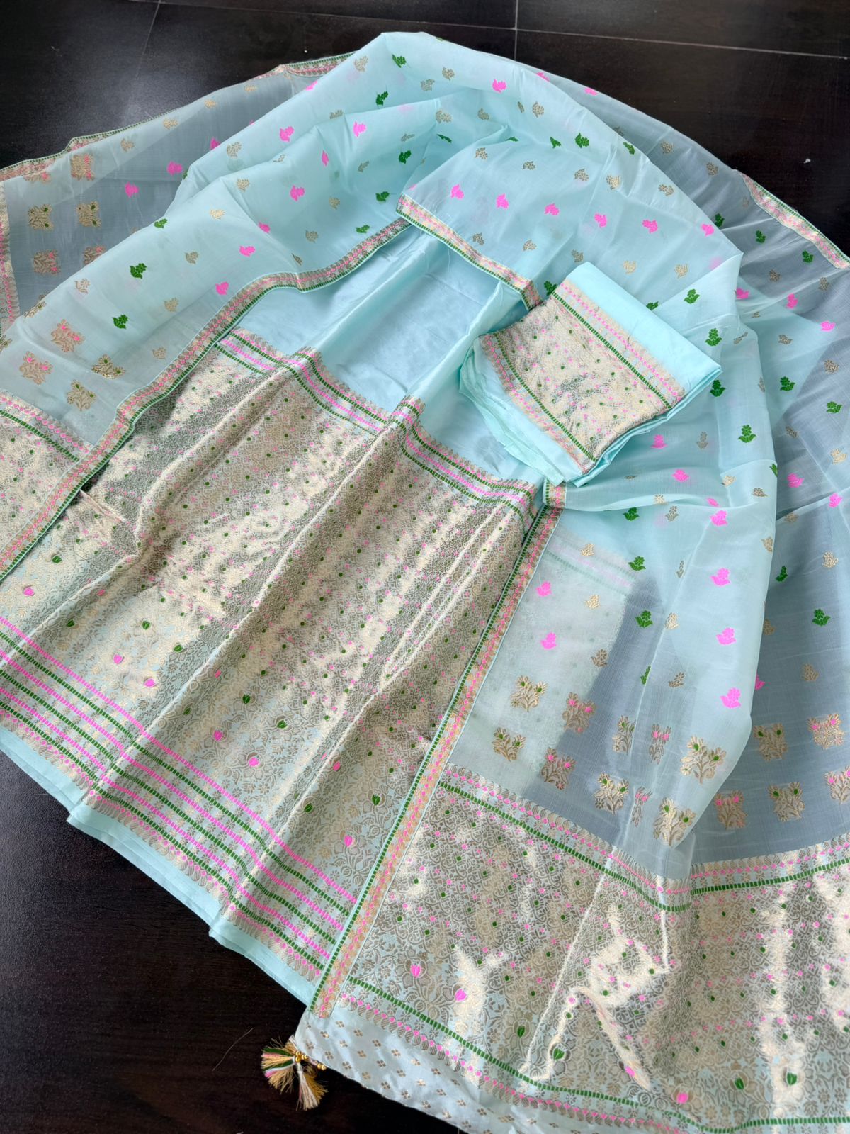 Sea Green Pure Raw Silk (Kesapaat) & Mulberry Silk Mekhela Sador with Blouse | Assamese Handloom Traditional Wear – Tathal Clothing