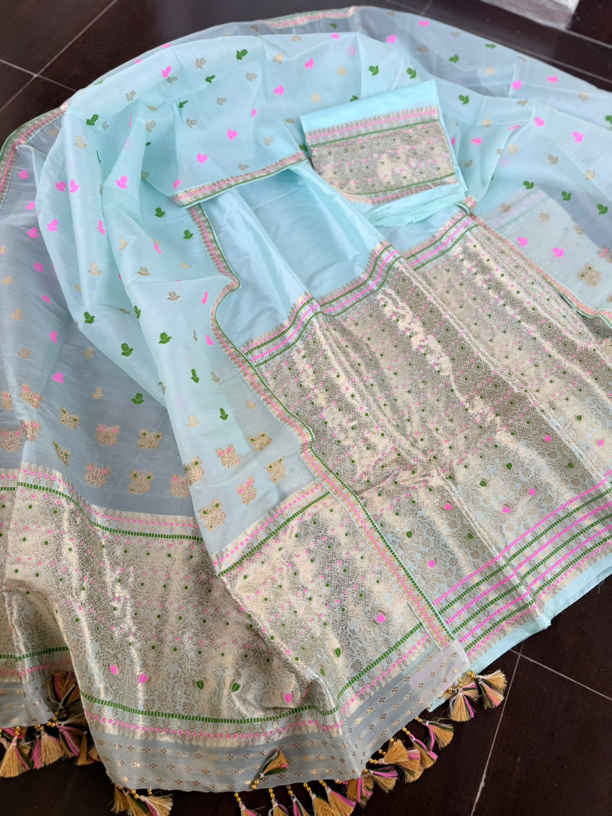 Mint Green Pure Raw Silk (Kesapaat) & Mulberry Silk Mekhela Sador with Blouse | Assamese Handloom Bridal Wear | TATHAL CLOTHING