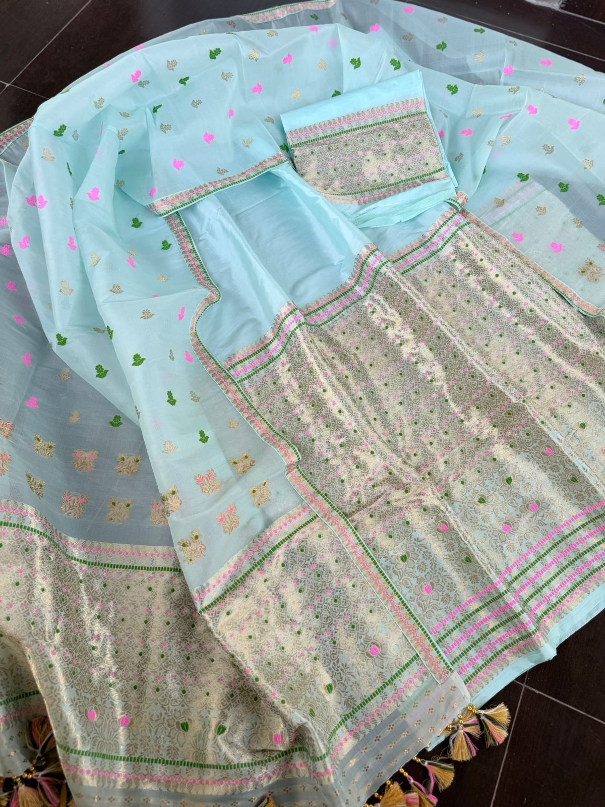 Sea Green Pure Raw Silk (Kesapaat) & Mulberry Silk Mekhela Sador with Blouse | Assamese Handloom Traditional Wear – Tathal Clothing