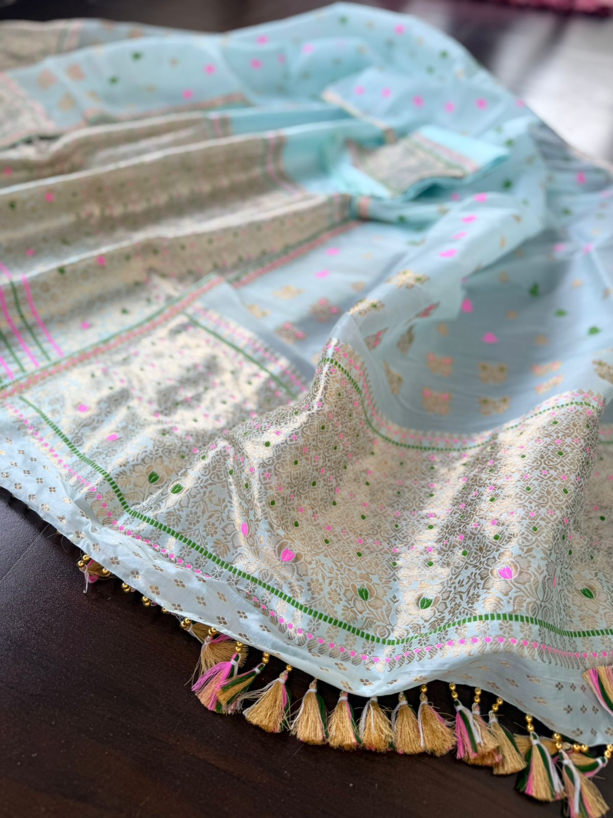 Sea Green Pure Raw Silk (Kesapaat) & Mulberry Silk Mekhela Sador with Blouse | Assamese Handloom Traditional Wear – Tathal Clothing